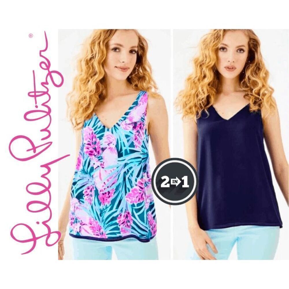 LILLY PULITZER FlorinโReversible Tropical Navy V-Neck Sleeveless Tank Top Sz XS